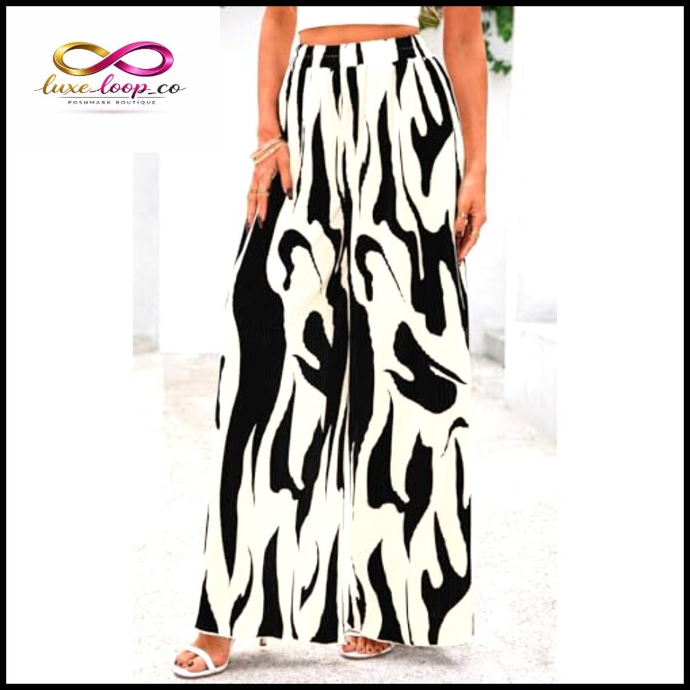 Wide Leg Palazzo Pants High‎ Waist Pleated Lounge Casual Graphic Print - Picture 3 of 7